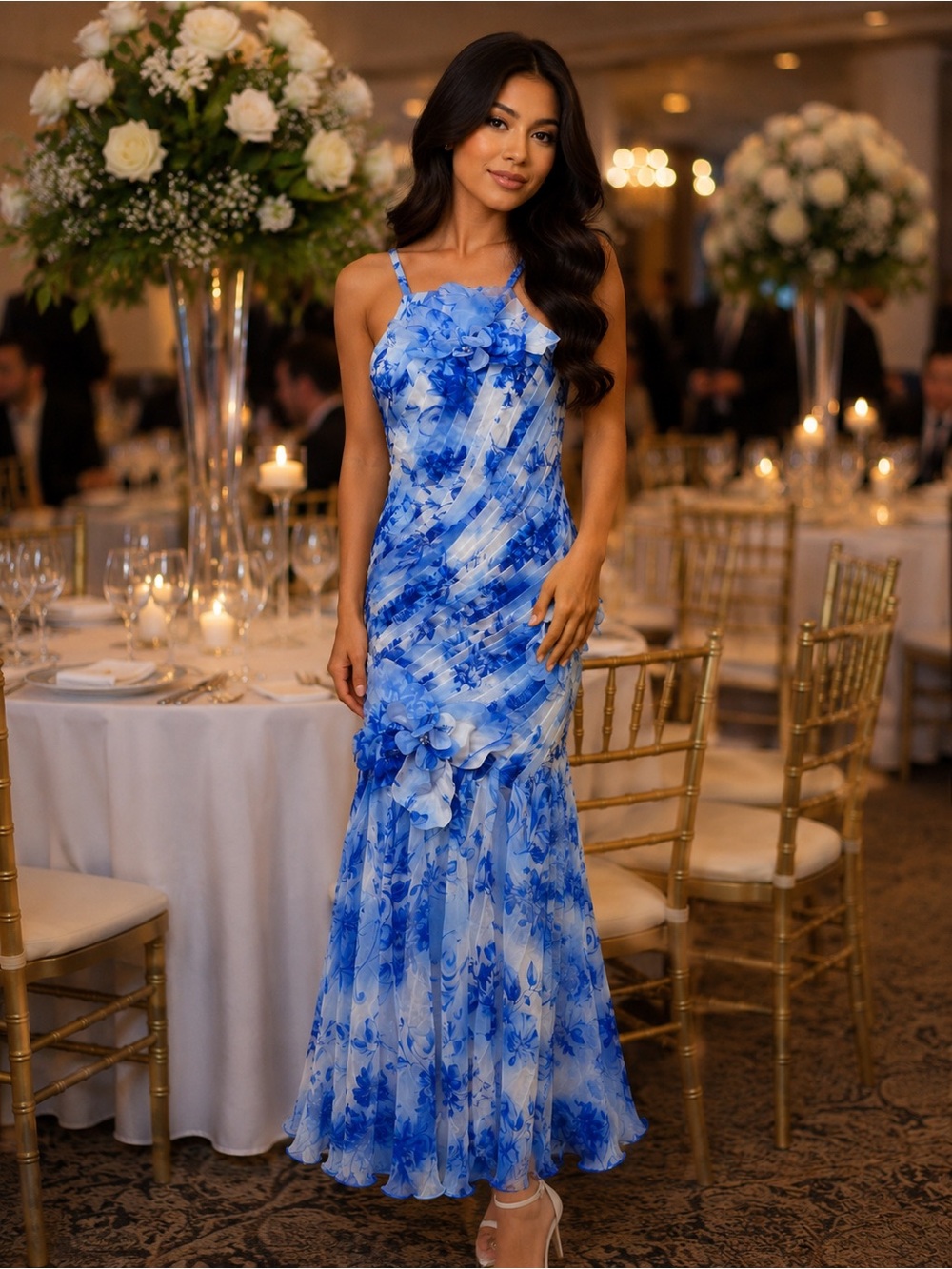 Blue Floral Ruffle-Accent Maxi Dress